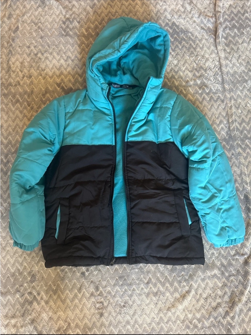 Kids Teal and Black Hooded Puffer Jacket